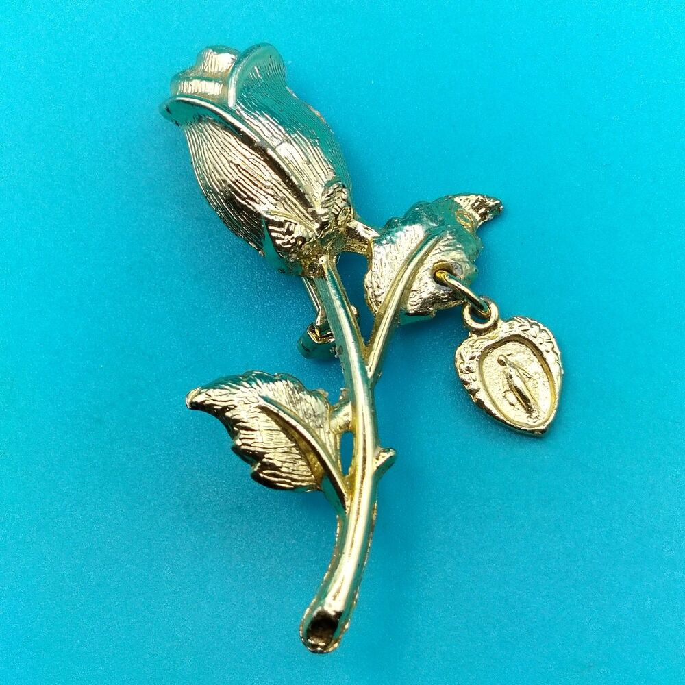 Vintage Gold Tone Rose Brooch Pin with Miraculous Medal & Sacred Heart Charms